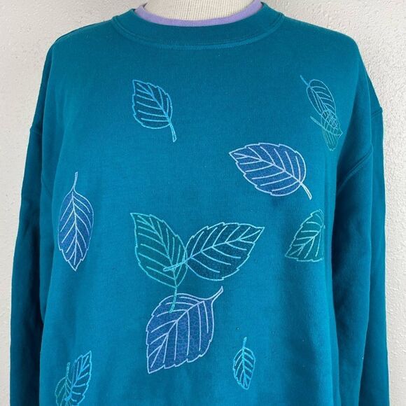 Vintage Morning Sun Womens Teal and Purple Leaf Pattern Sweater Size XL - Picture 2 of 6